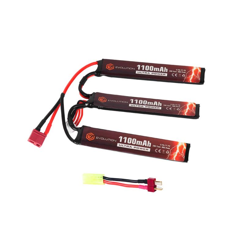 Evolution Li-Po Ultra Power 11.1V 1100mAh 20C - 40C Peak Airsoft Battery with T- Plug + Adapter