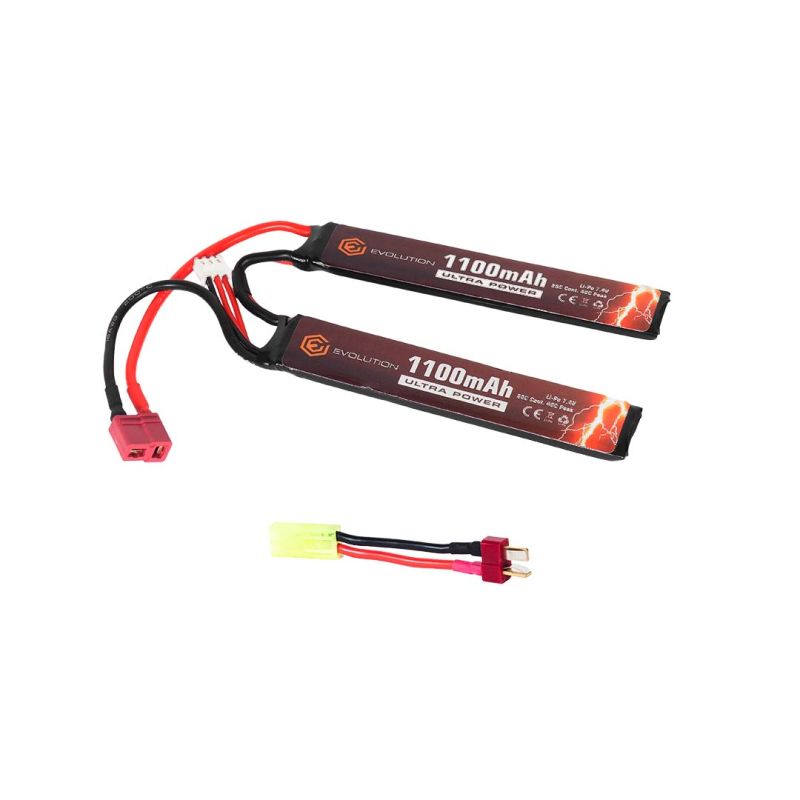 Evolution Li-Po Ultra Power 7.4V 1100mAh 20C - 40C Peak Airsoft Battery with T-Plug + Adapter